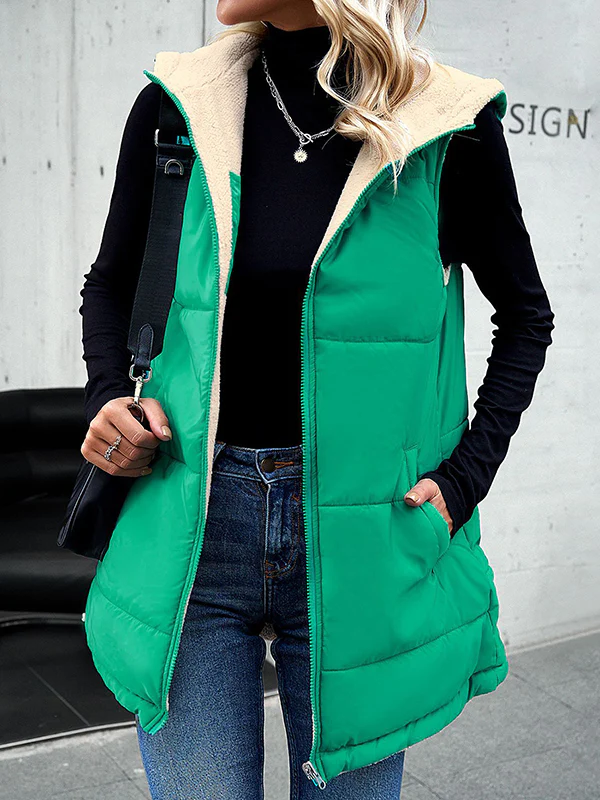 Loose Sleeveless Pockets Quilted Reversible Zipper Hooded Padded Vest Vest Outerwear - Image 3