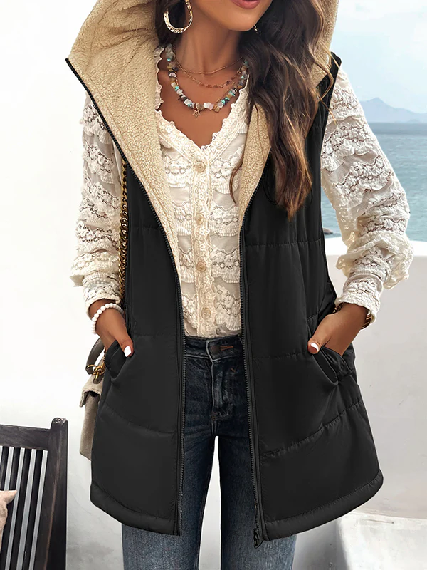 Loose Sleeveless Pockets Quilted Reversible Zipper Hooded Padded Vest Vest Outerwear - Image 4