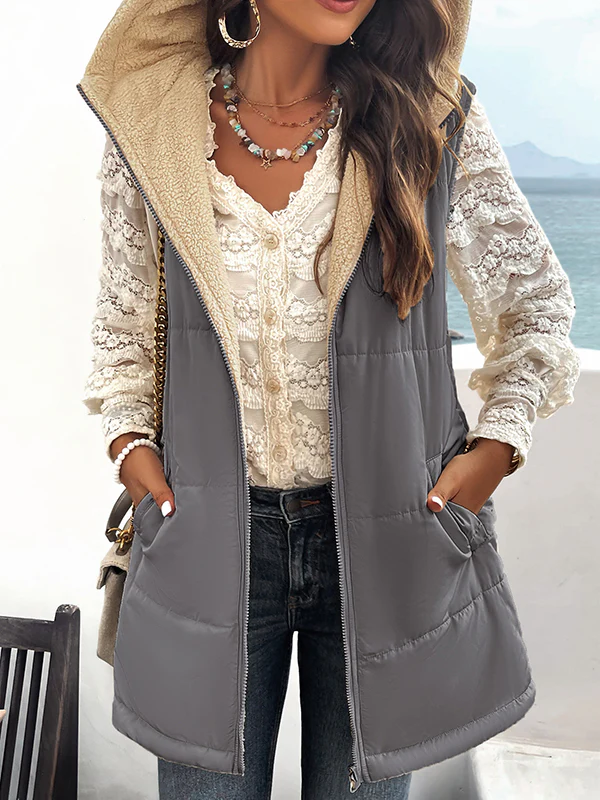 Loose Sleeveless Pockets Quilted Reversible Zipper Hooded Padded Vest Vest Outerwear - Image 5