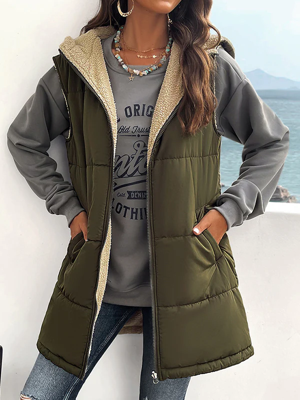 Loose Sleeveless Pockets Quilted Reversible Zipper Hooded Padded Vest Vest Outerwear - Image 6