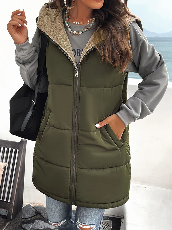 Loose Sleeveless Pockets Quilted Reversible Zipper Hooded Padded Vest Vest Outerwear - Image 7