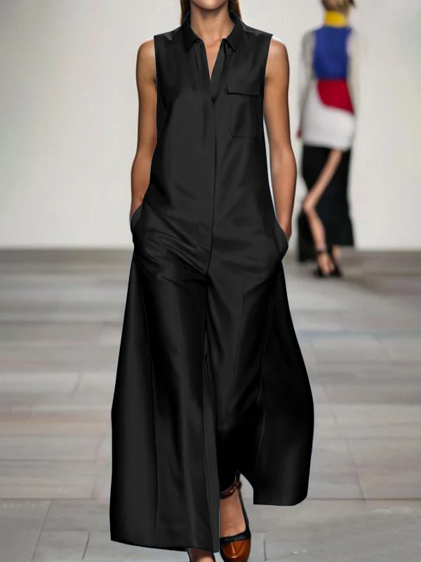 Loose Sleeveless Pockets Solid Color Lapel Jumpsuits - Image 2