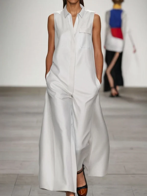 Loose Sleeveless Pockets Solid Color Lapel Jumpsuits - Image 3