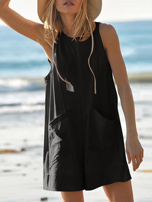 Loose Sleeveless Pockets Solid Color Round-Neck Rompers - Image 17
