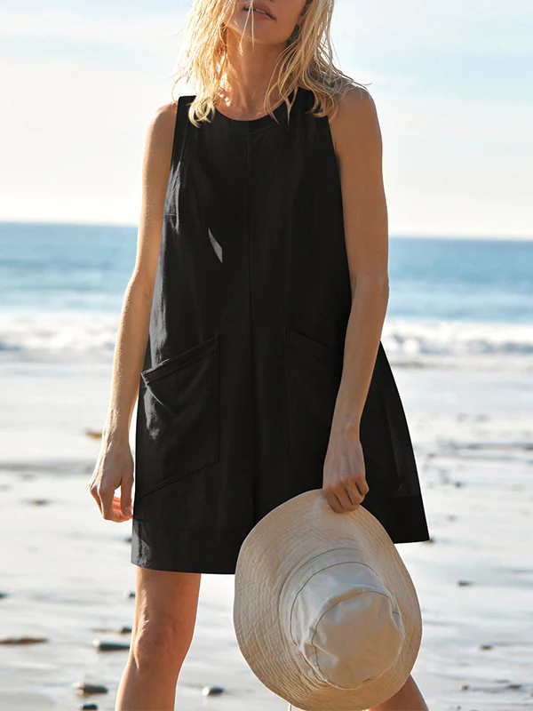 Loose Sleeveless Pockets Solid Color Round-Neck Rompers - Image 18