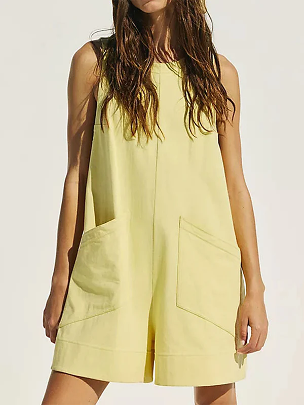 Loose Sleeveless Pockets Solid Color Round-Neck Rompers - Image 2
