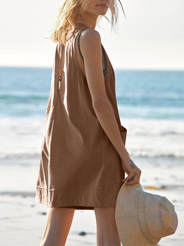 Loose Sleeveless Pockets Solid Color Round-Neck Rompers - Image 28