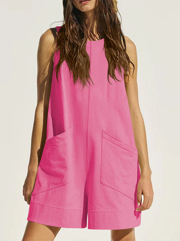 Loose Sleeveless Pockets Solid Color Round-Neck Rompers - Image 3