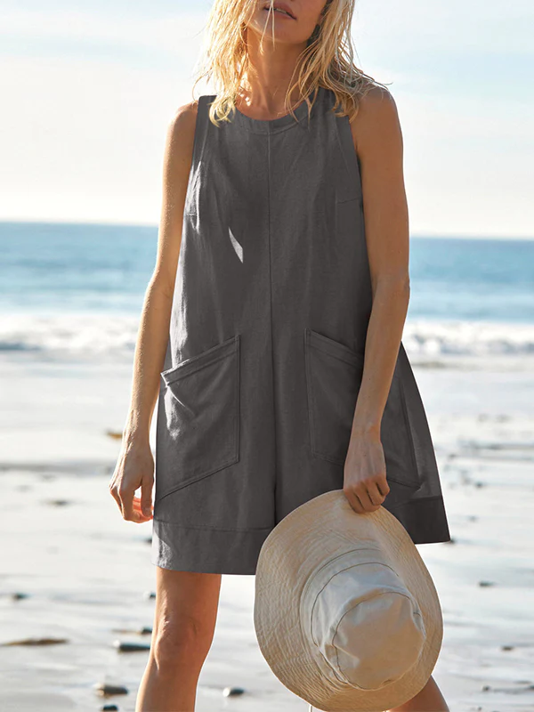 Loose Sleeveless Pockets Solid Color Round-Neck Rompers - Image 30