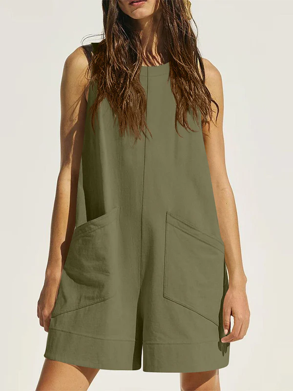 Loose Sleeveless Pockets Solid Color Round-Neck Rompers - Image 4