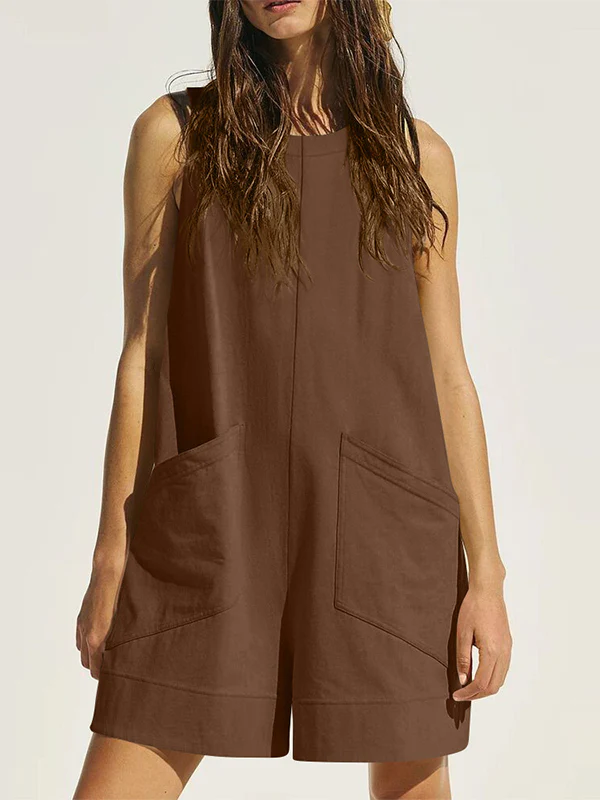 Loose Sleeveless Pockets Solid Color Round-Neck Rompers - Image 5