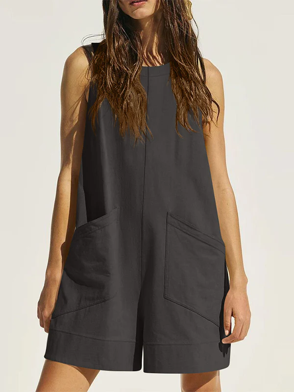 Loose Sleeveless Pockets Solid Color Round-Neck Rompers - Image 6