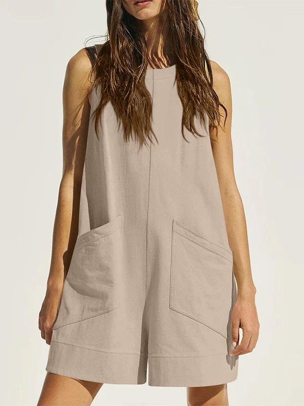 Loose Sleeveless Pockets Solid Color Round-Neck Rompers - Image 7