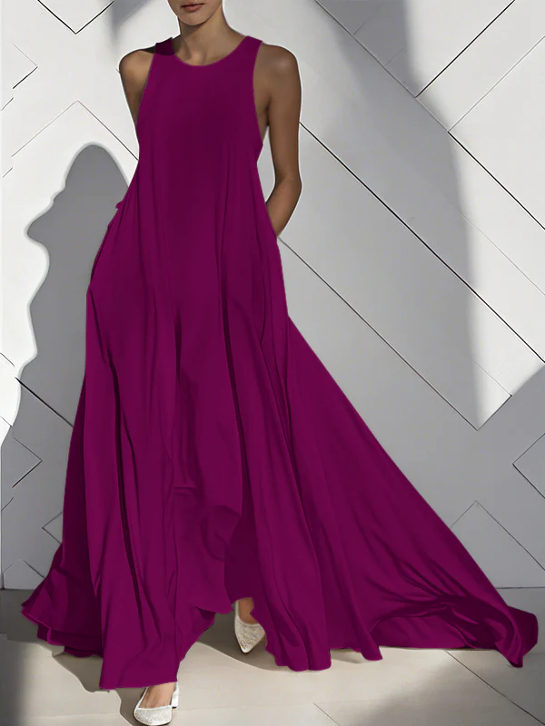 Loose Sleeveless Pockets Solid Color Split-Joint Round-Neck Maxi Dresses - Image 10