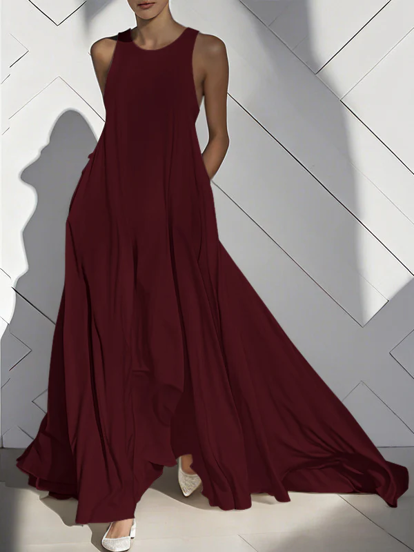 Loose Sleeveless Pockets Solid Color Split-Joint Round-Neck Maxi Dresses - Image 11