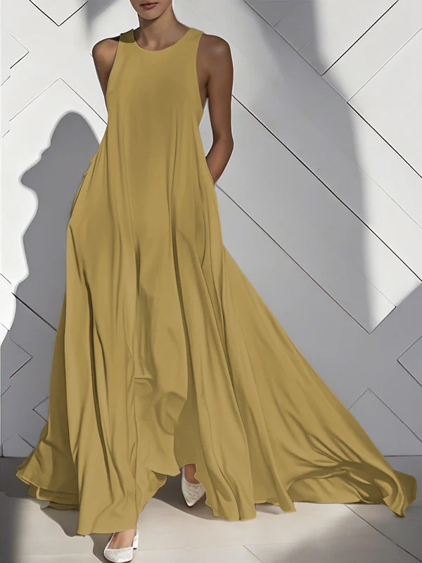 Loose Sleeveless Pockets Solid Color Split-Joint Round-Neck Maxi Dresses - Image 12