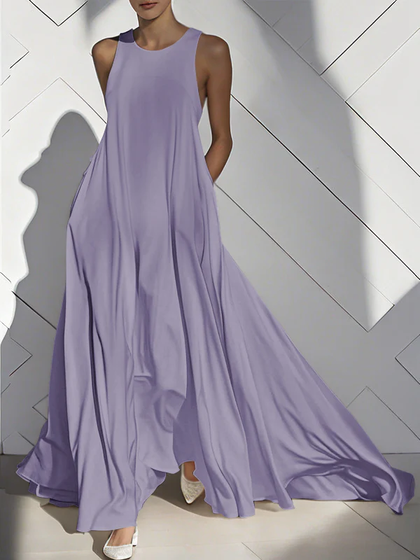 Loose Sleeveless Pockets Solid Color Split-Joint Round-Neck Maxi Dresses - Image 13