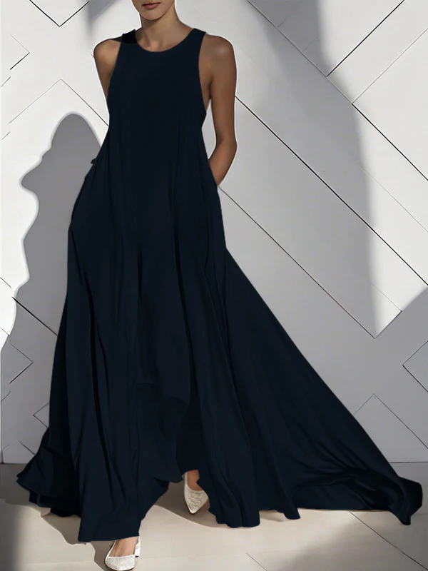 Loose Sleeveless Pockets Solid Color Split-Joint Round-Neck Maxi Dresses - Image 14