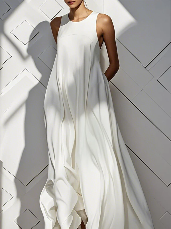 Loose Sleeveless Pockets Solid Color Split-Joint Round-Neck Maxi Dresses - Image 2