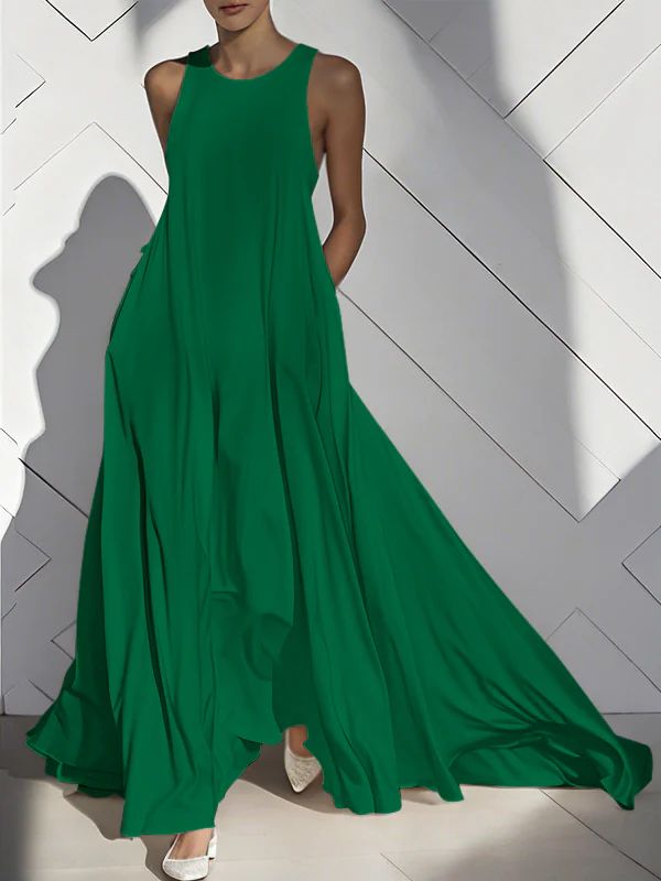 Loose Sleeveless Pockets Solid Color Split-Joint Round-Neck Maxi Dresses - Image 9