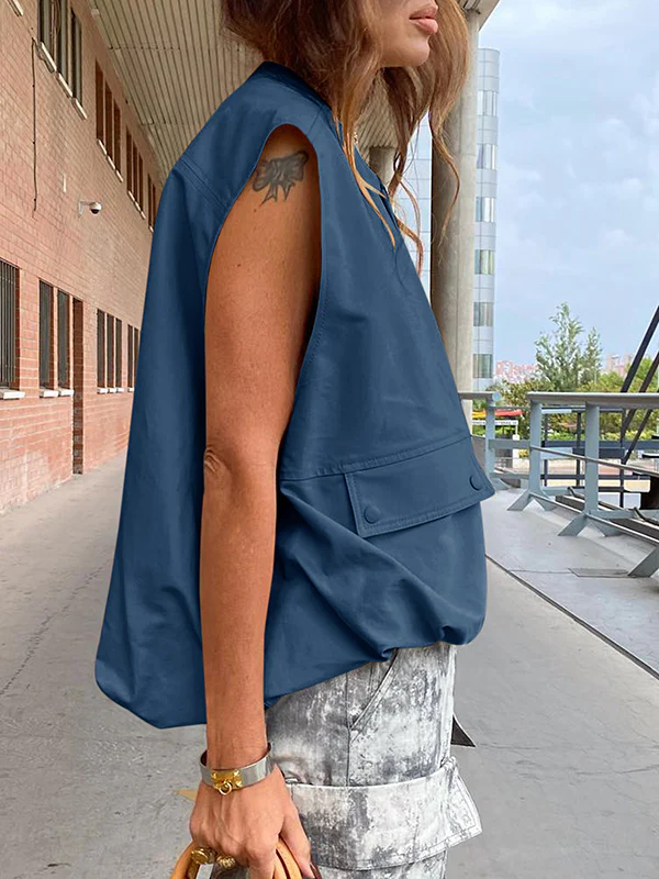 Loose Sleeveless Pockets Split-Joint Zipper Round-Neck Vest Outerwear - Image 10