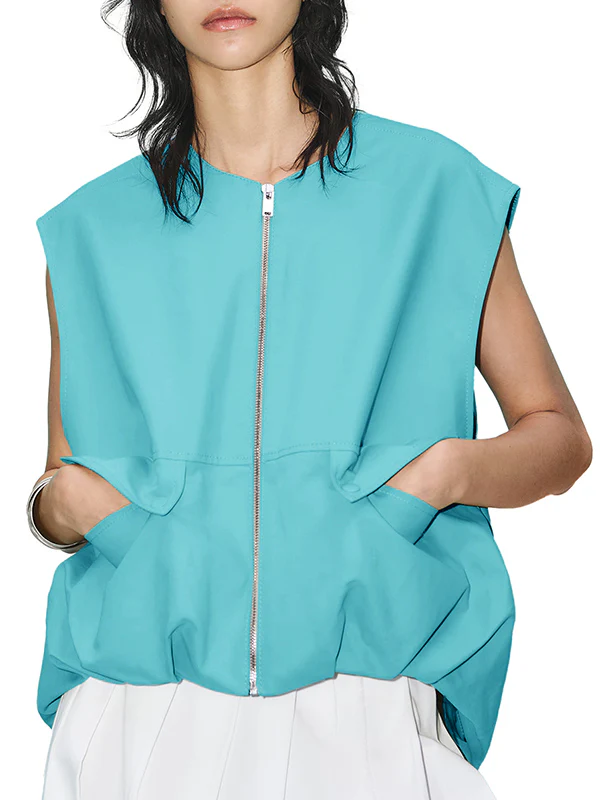 Loose Sleeveless Pockets Split-Joint Zipper Round-Neck Vest Outerwear - Image 12