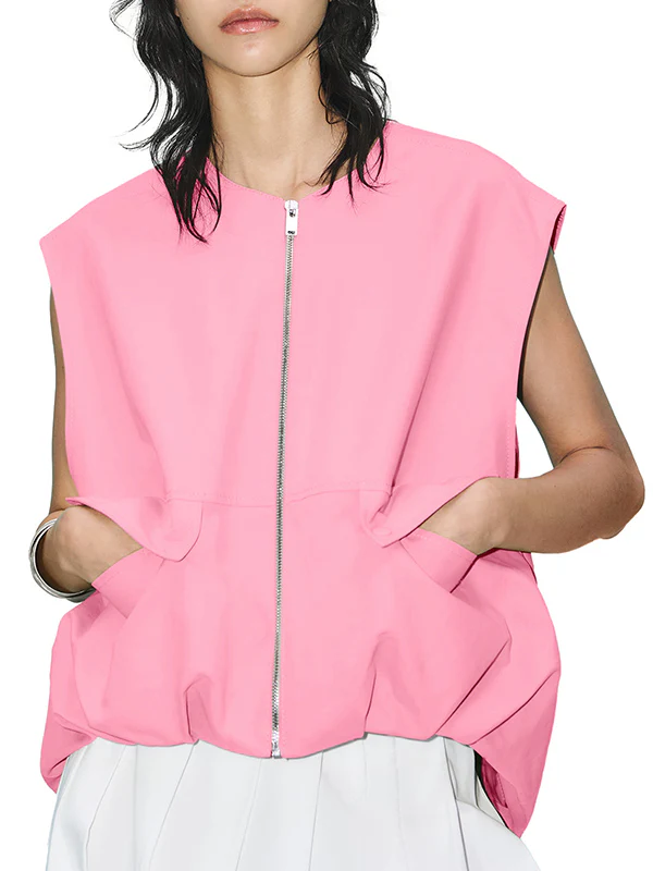 Loose Sleeveless Pockets Split-Joint Zipper Round-Neck Vest Outerwear - Image 13