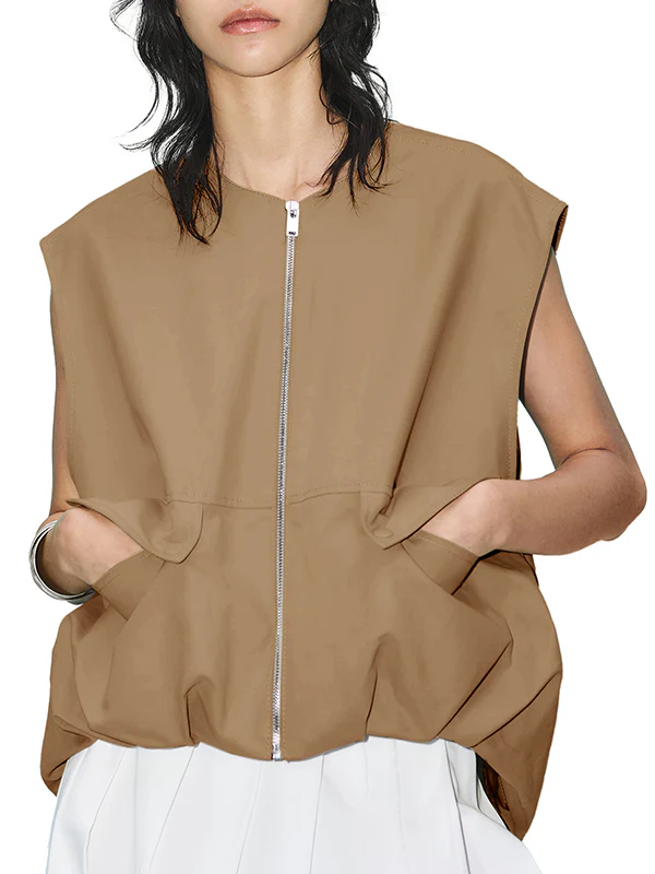 Loose Sleeveless Pockets Split-Joint Zipper Round-Neck Vest Outerwear - Image 14
