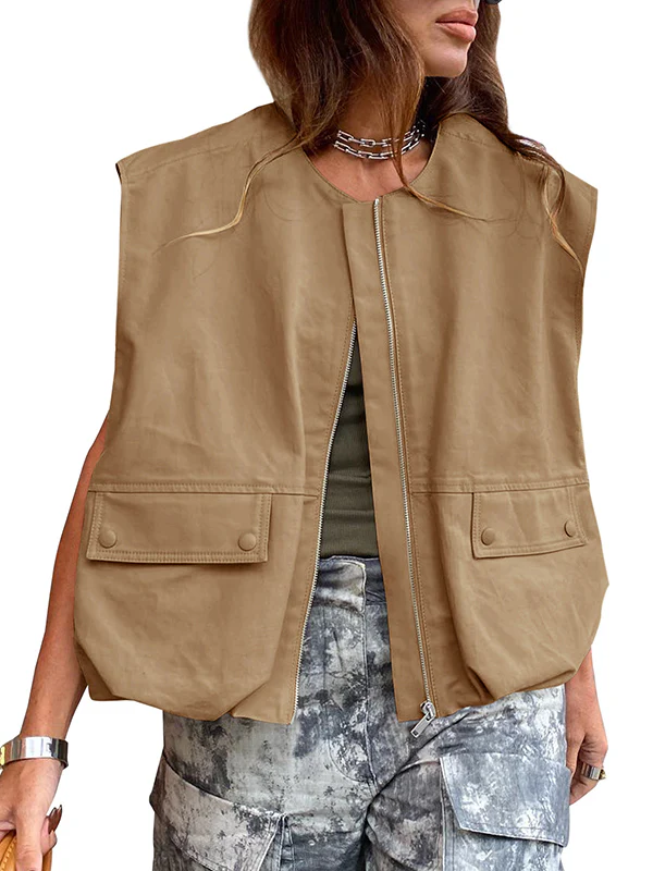 Loose Sleeveless Pockets Split-Joint Zipper Round-Neck Vest Outerwear - Image 2