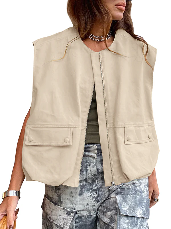 Loose Sleeveless Pockets Split-Joint Zipper Round-Neck Vest Outerwear - Image 3