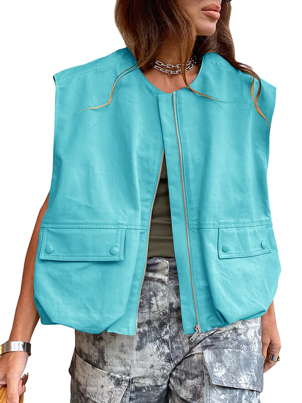 Loose Sleeveless Pockets Split-Joint Zipper Round-Neck Vest Outerwear - Image 5