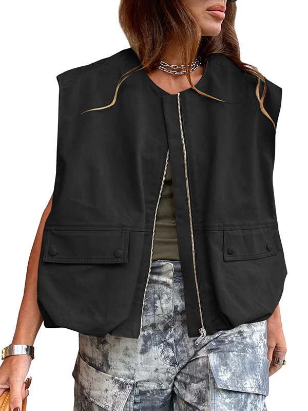 Loose Sleeveless Pockets Split-Joint Zipper Round-Neck Vest Outerwear - Image 6