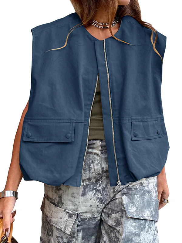 Loose Sleeveless Pockets Split-Joint Zipper Round-Neck Vest Outerwear - Image 8