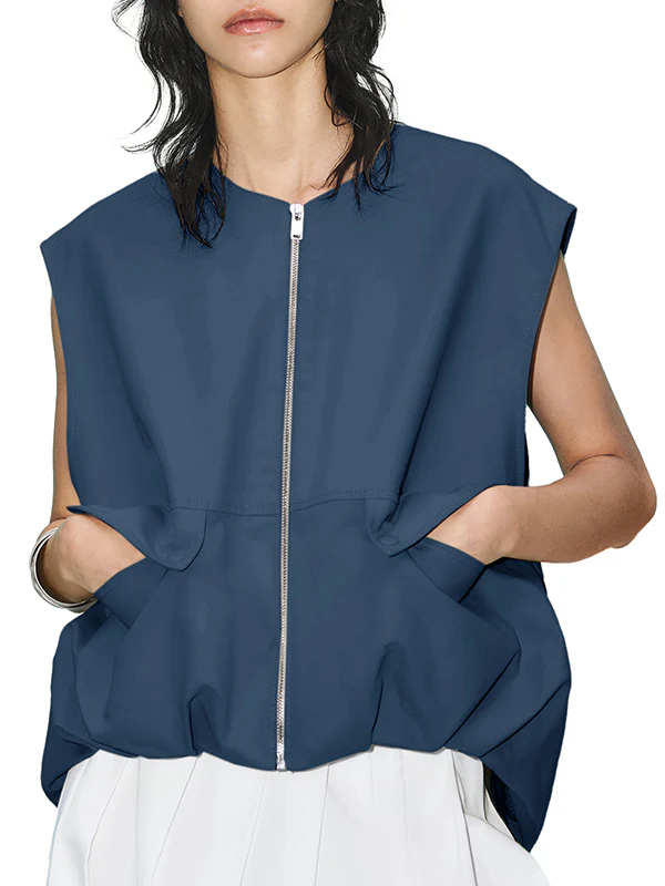 Loose Sleeveless Pockets Split-Joint Zipper Round-Neck Vest Outerwear - Image 9