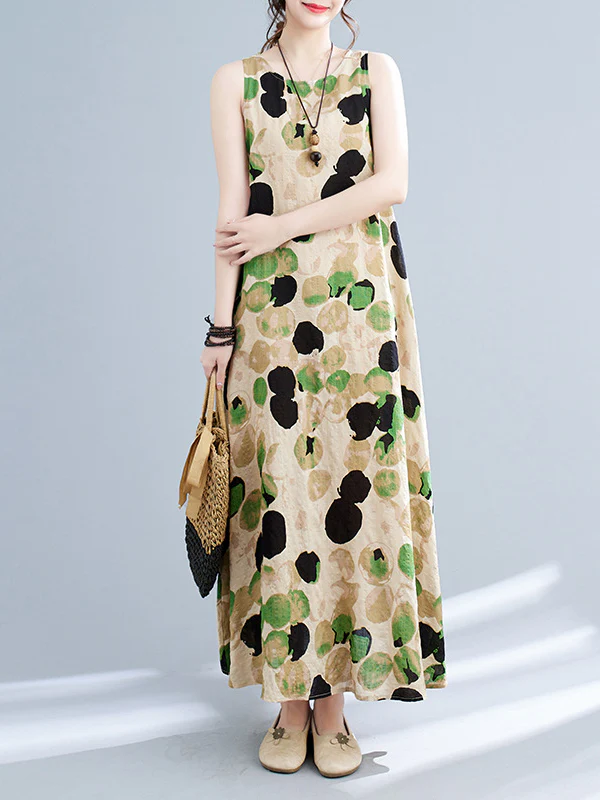 Loose Sleeveless Printed Split-Joint Round-Neck Maxi Dresses - Image 5