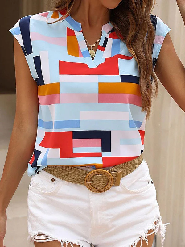 Loose Sleeveless Printed V-Neck T-Shirts Tops - Image 11