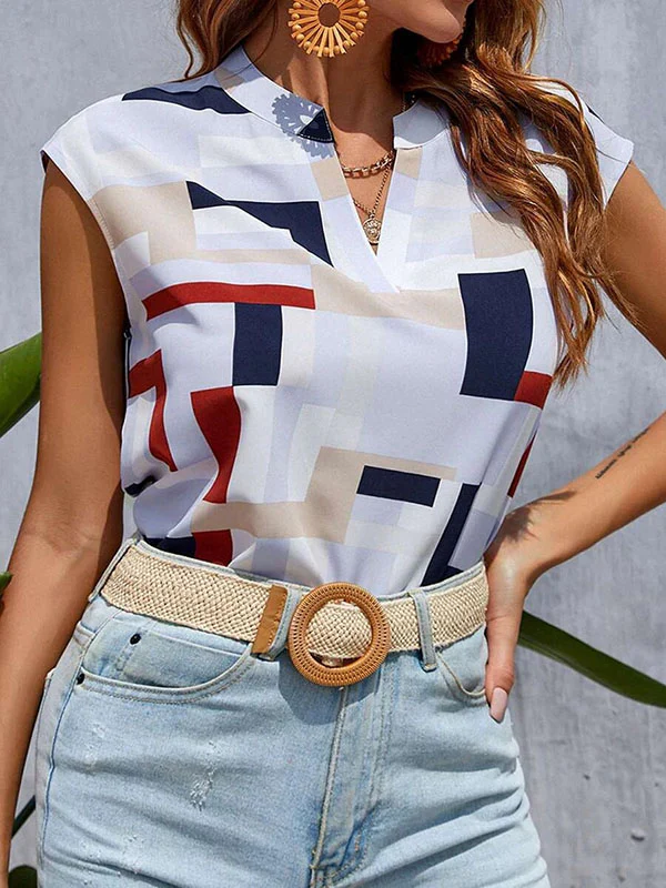 Loose Sleeveless Printed V-Neck T-Shirts Tops - Image 12