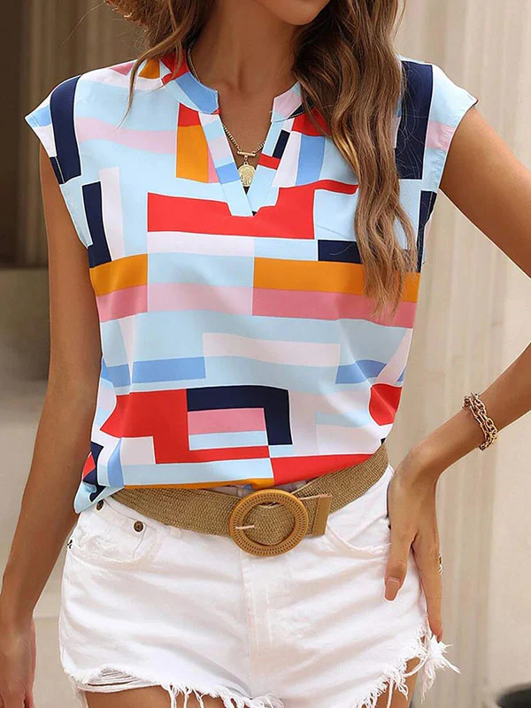Loose Sleeveless Printed V-Neck T-Shirts Tops - Image 2