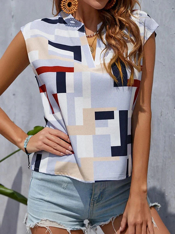 Loose Sleeveless Printed V-Neck T-Shirts Tops - Image 3