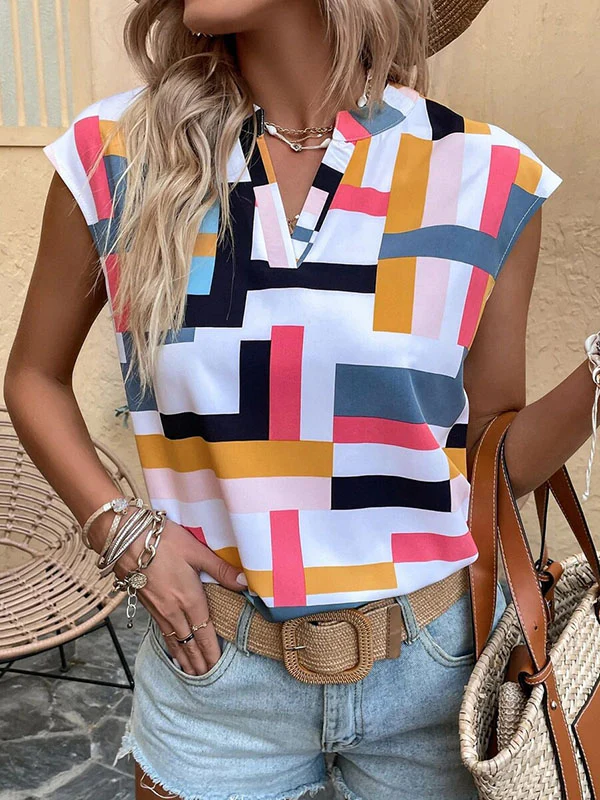Loose Sleeveless Printed V-Neck T-Shirts Tops - Image 8
