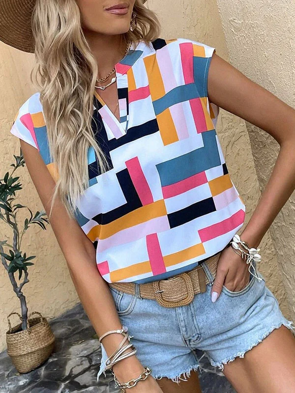 Loose Sleeveless Printed V-Neck T-Shirts Tops - Image 9