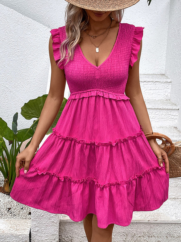 Loose Sleeveless Ruffle Trim Solid Color Split-Joint Deep V-Neck Mini Dresses - Image 2