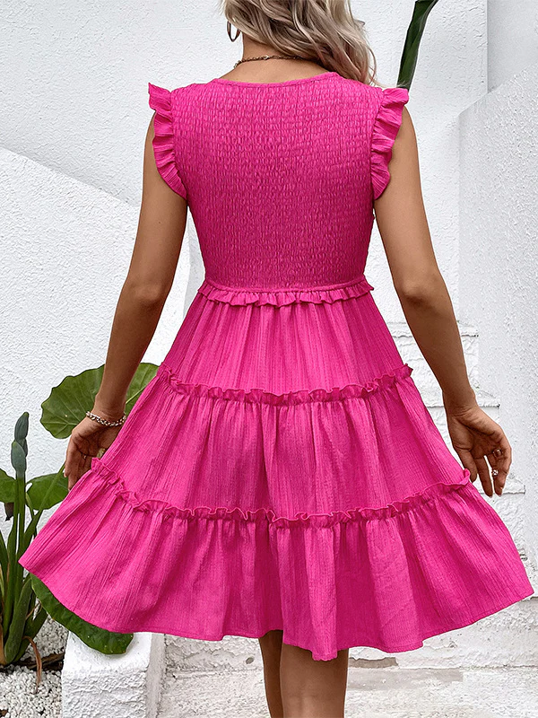 Loose Sleeveless Ruffle Trim Solid Color Split-Joint Deep V-Neck Mini Dresses - Image 5