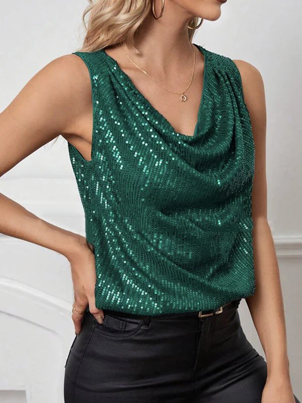 Loose Sleeveless Sequined Shiny Solid Color Split-Joint V-Neck Vest Top - Image 5