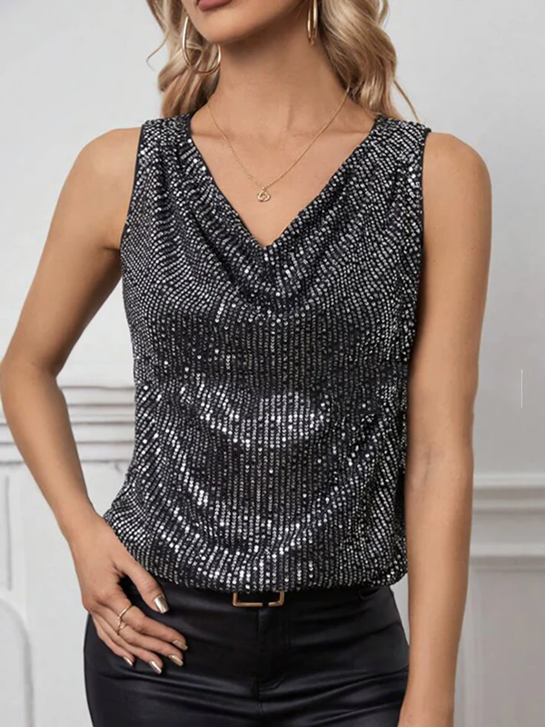 Loose Sleeveless Sequined Shiny Solid Color Split-Joint V-Neck Vest Top - Image 7