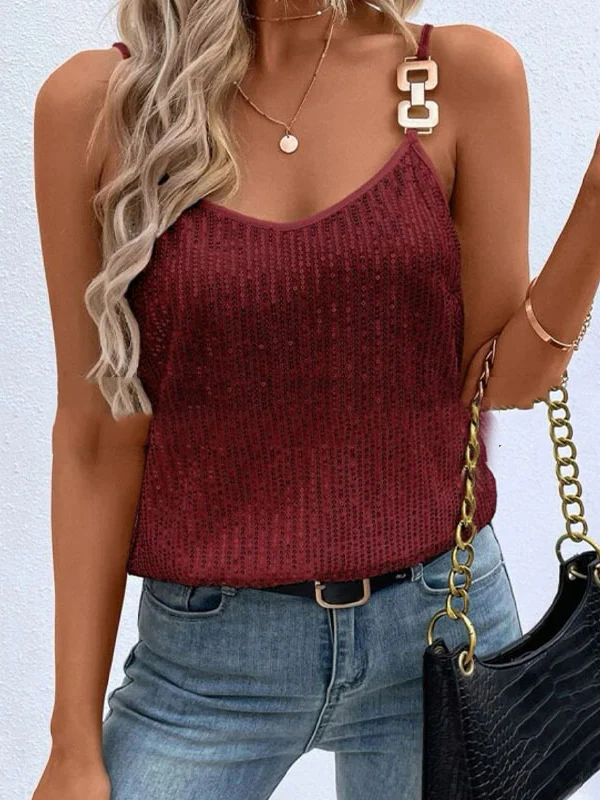 Loose Sleeveless Sequined Split-Joint Spaghetti-Neck Vest Top - Image 4
