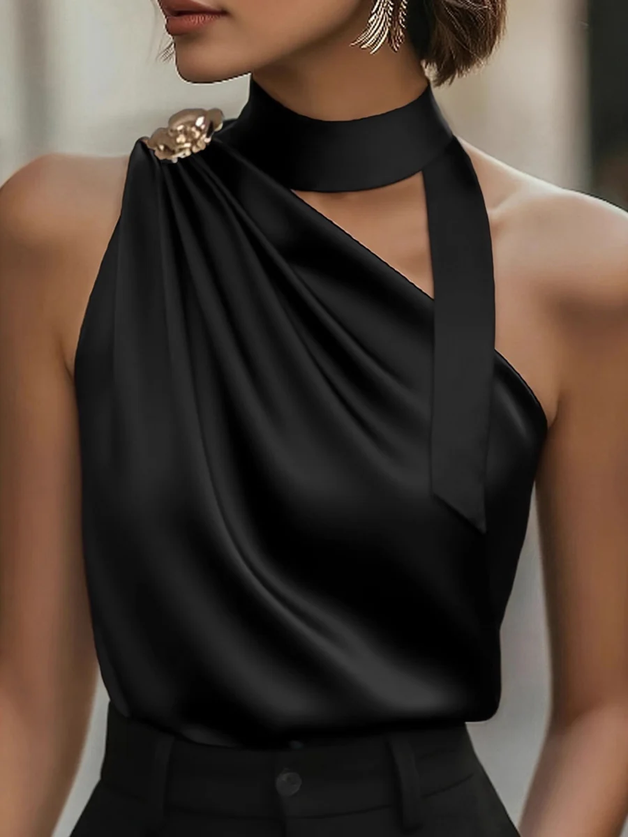 Loose Sleeveless Solid Color Asymmetric Collar Tank Top