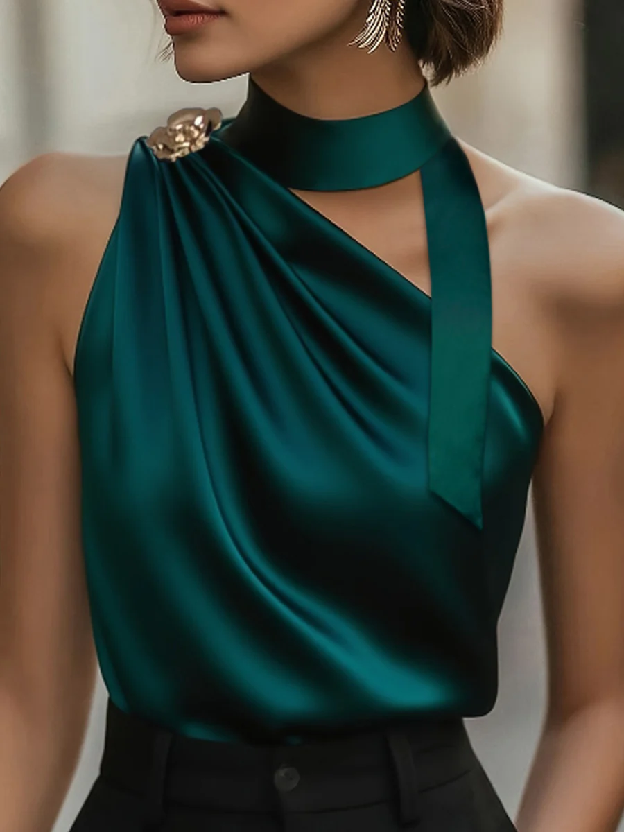 Loose Sleeveless Solid Color Asymmetric Collar Tank Top - Image 2