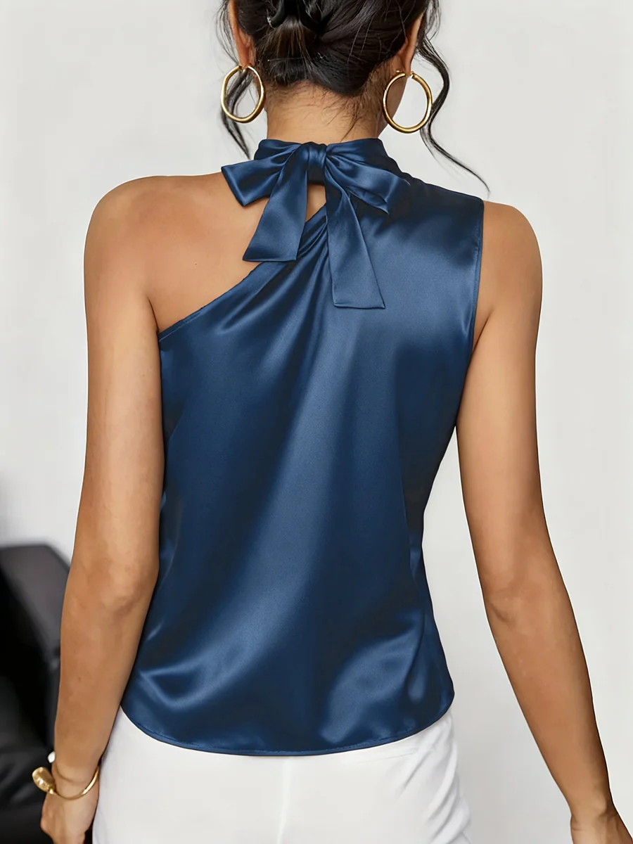 Loose Sleeveless Solid Color Asymmetric Collar Tank Top - Image 4