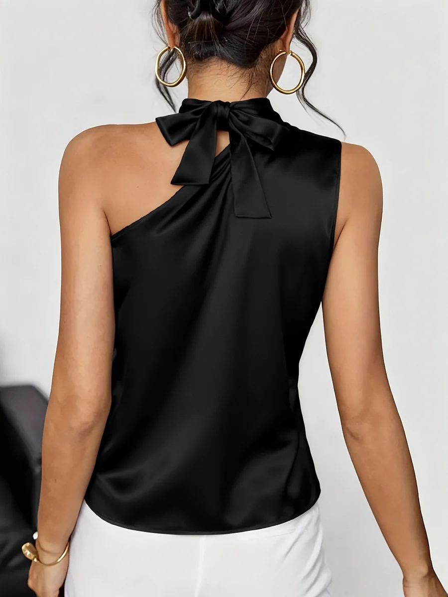 Loose Sleeveless Solid Color Asymmetric Collar Tank Top - Image 5